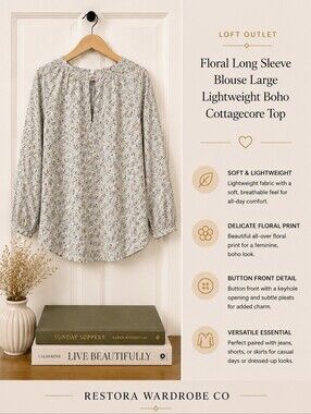 LOFT Outlet Floral Long Sleeve Blouse Large Lightweight Boho Cottagecore Top